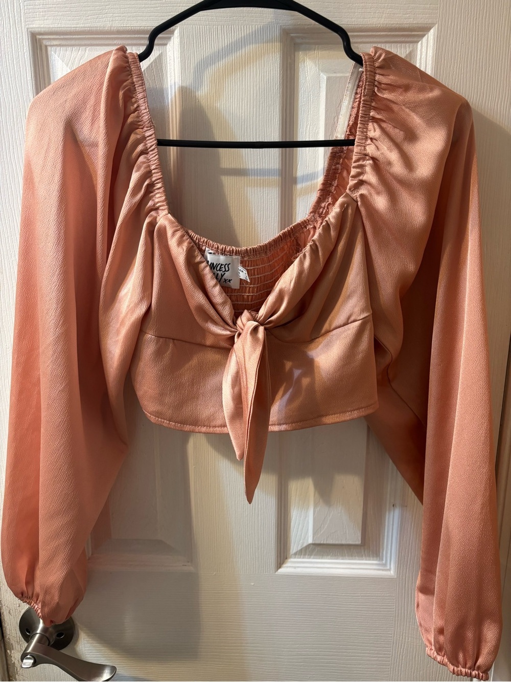 Princess Polly Rose Satin Tie-Front Long Sleeve Crop Top - Picture 4 of 6